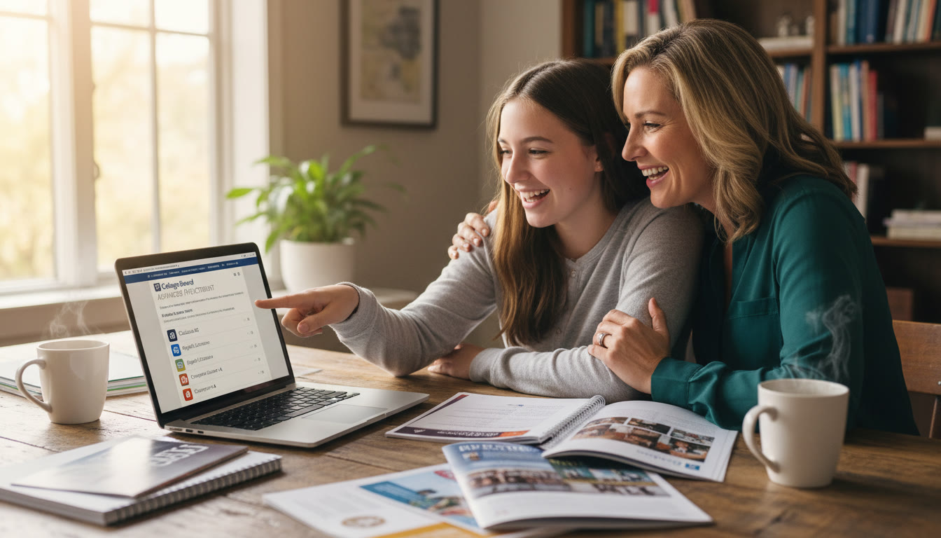 Photo Idea : A high school student and a parent sitting at a table with college brochures and a laptop, smiling and pointing at an AP course list — warm, natural lighting, candid moment conveying collaboration.