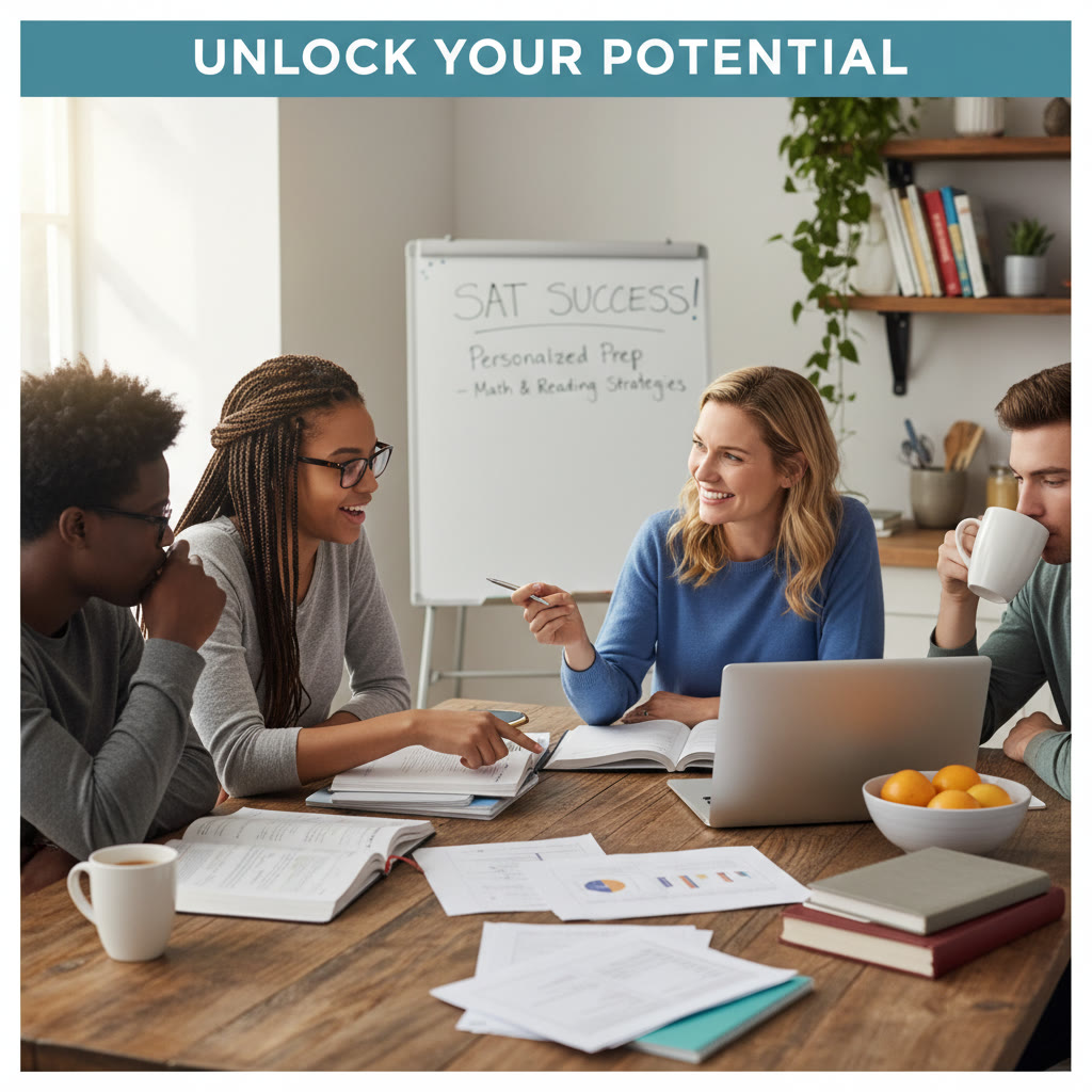 Students at a kitchen table with papers, a laptop, and a tutor guiding them — candid scene showing focused, personalized study.