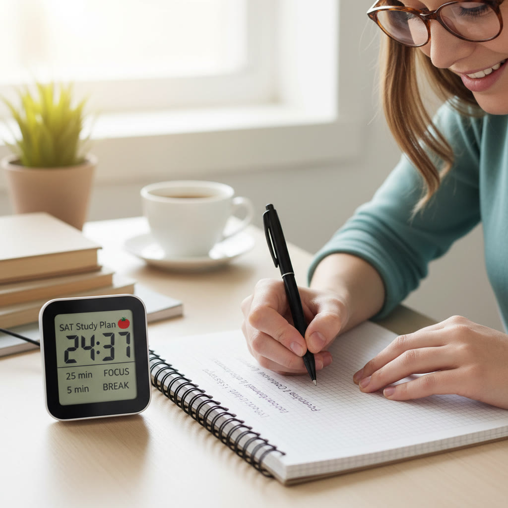 Student with a timer and notebook, focused during a Pomodoro block — close-up of hand writing and a running timer.