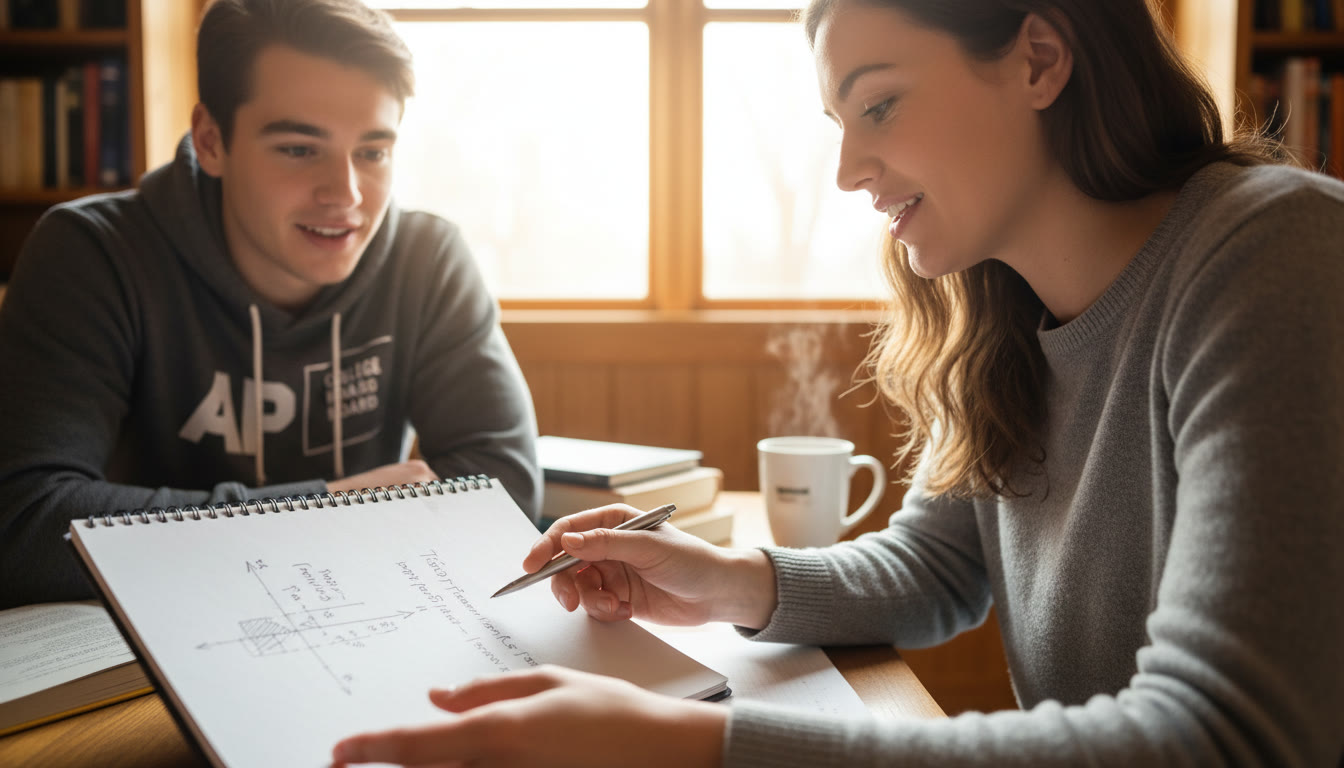 Photo Idea : Close-up of a tutor pointing at a student’s notebook with a graph and notes, demonstrating a step-by-step parameter solution—warm, supportive atmosphere to illustrate personalized tutoring benefits.
