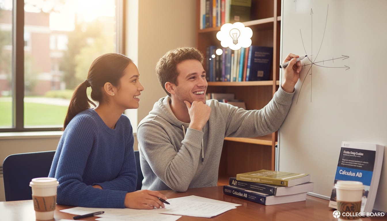 Photo Idea : A tutor and student at a whiteboard in a bright study room, the tutor sketching a graph while the student smiles as a difficult idea clicks — conveys the human moment of concept breakthrough.