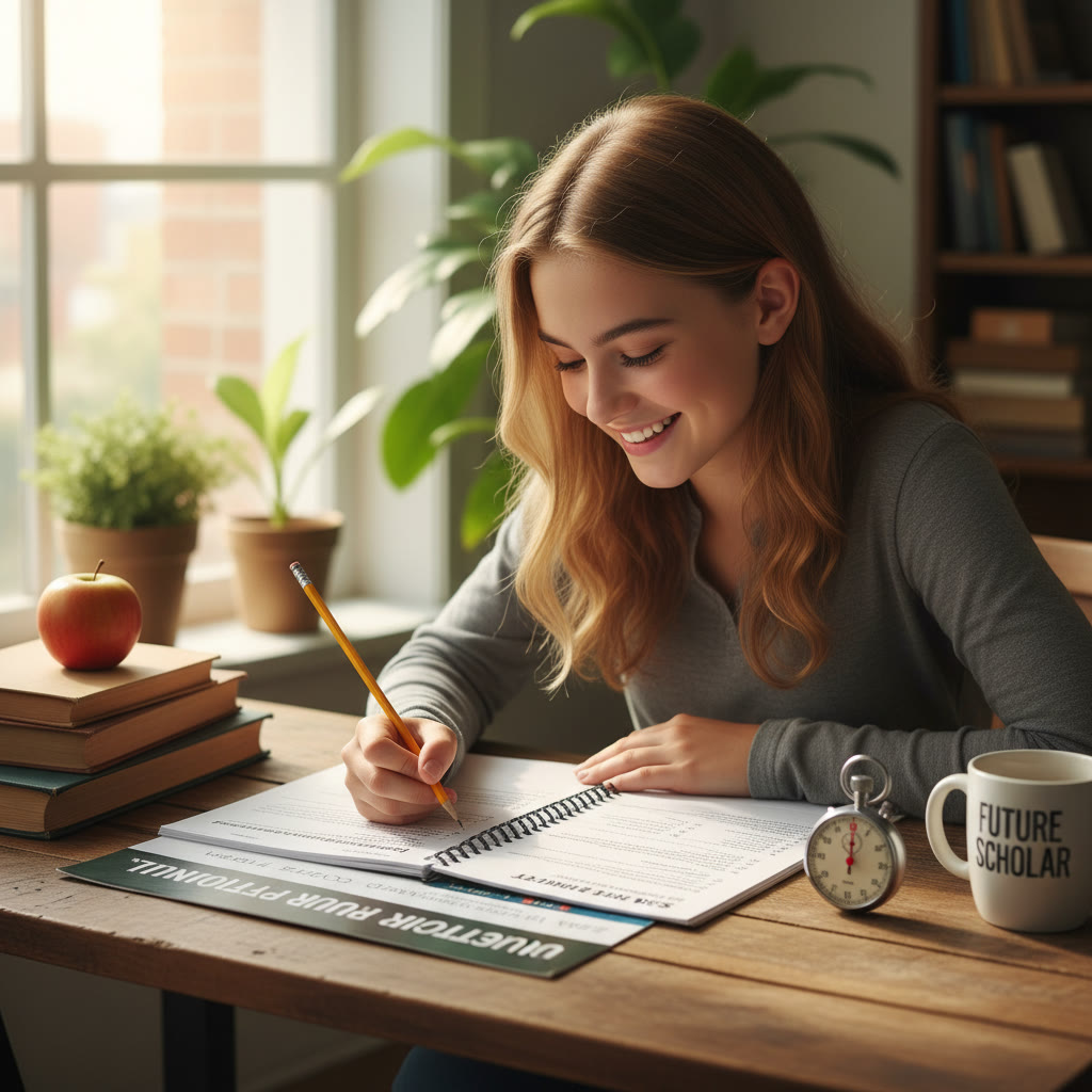 Student sitting at a wooden table doing a printed SAT practice section with a pencil and timer—natural light, focused expression.