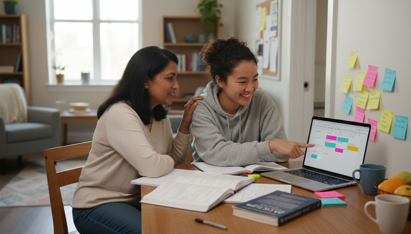 Photo Idea : A bright, candid photo of a student at a dining table with notebooks, an open laptop showing a study calendar, sticky notes on the wall, and a parent looking on supportively   captures planning together.