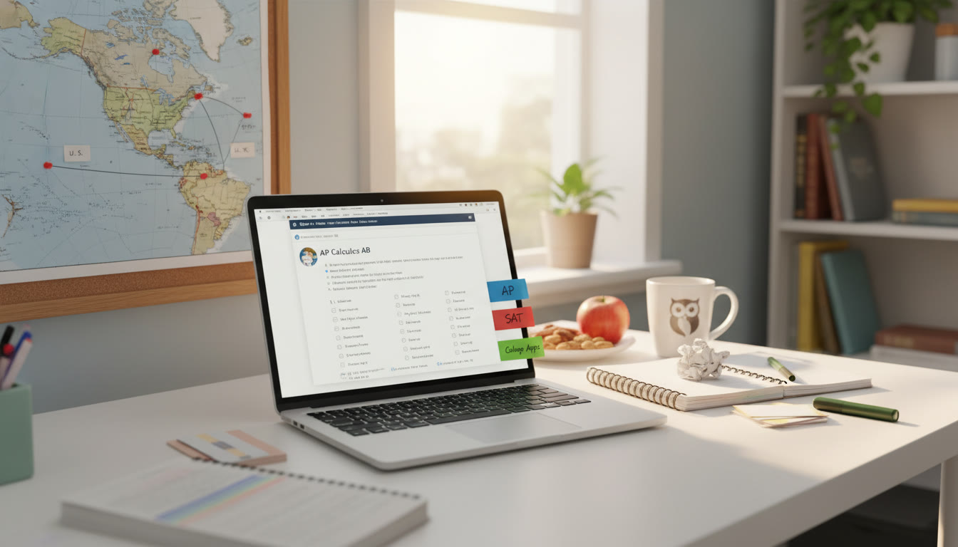 Photo Idea : A bright study desk with an open laptop showing practice test questions, a notebook with  AP  and  SAT  tabs, and a map of the US, UK, and Canada pinned nearby   symbolizing planning and international pathways.