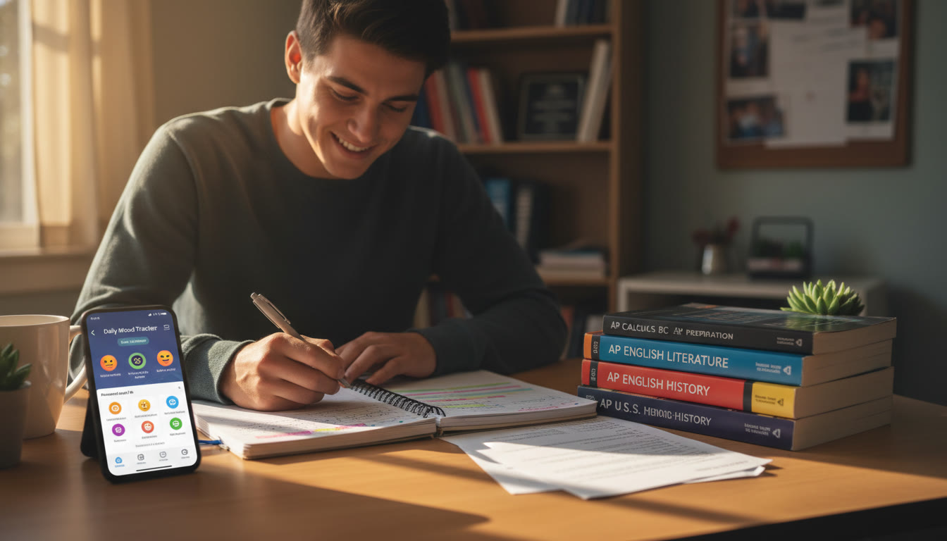 Photo Idea : A warm, candid photo of a student at a desk with a notebook, a smartphone showing a mood-tracking app, and AP prep books nearby — sunlight spilling across the desk to evoke calm and focus.