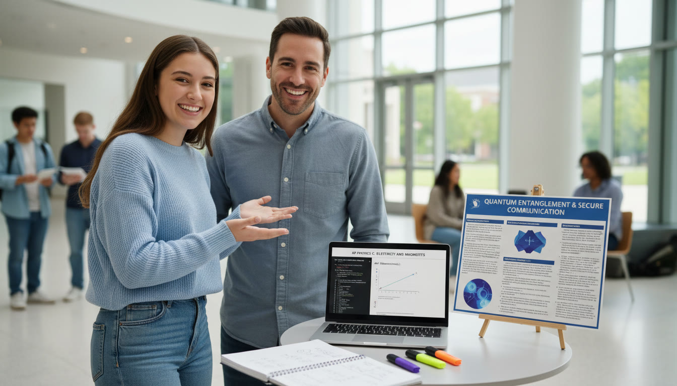Photo Idea : A finalist moment — a student presenting a small research poster or coding demo to a mentor, with a laptop showing AP practice questions and neatly organized notes. This image should feel forward-looking and aspirational.