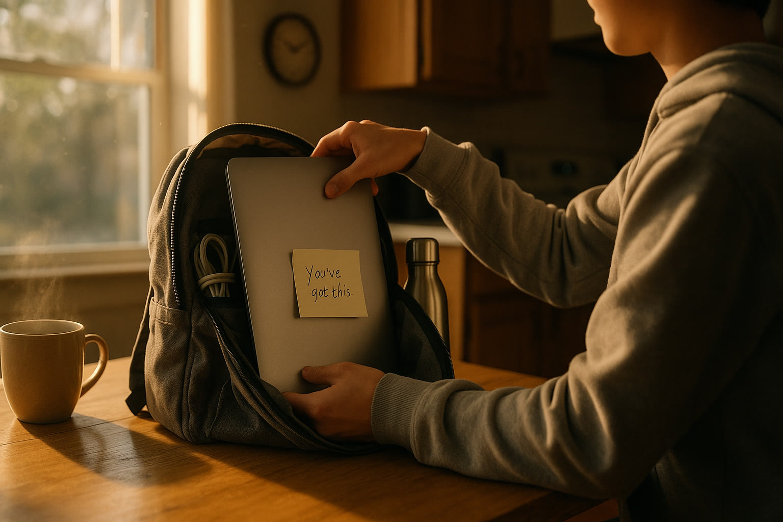 Photo Idea : A calm morning scene showing a student packing a backpack with a laptop, charger, water bottle, and a note from a parent that says 