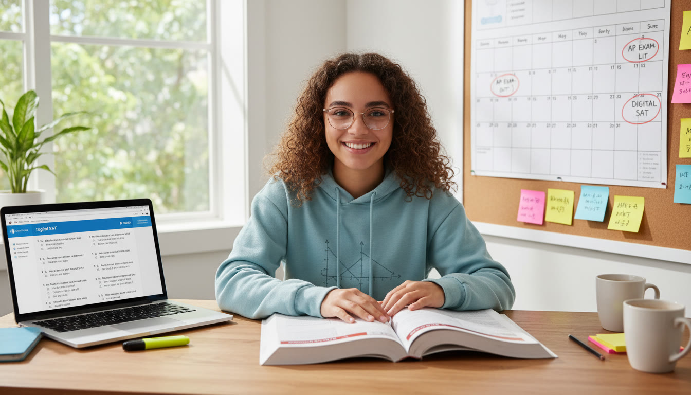 Photo Idea : A bright high school study scene   a student at a desk with an open AP textbook, a laptop showing practice Digital SAT questions, and a calendar with test dates circled. This image visually sets the theme of juggling both AP and SAT prep.