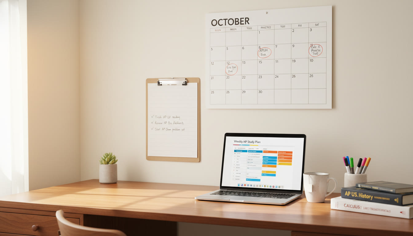 Photo Idea : A tidy study corner with a calendar, a short checklist on a clipboard, and a laptop showing a study plan. Warm, organized, and motivating visual to accompany the weekly plan section.