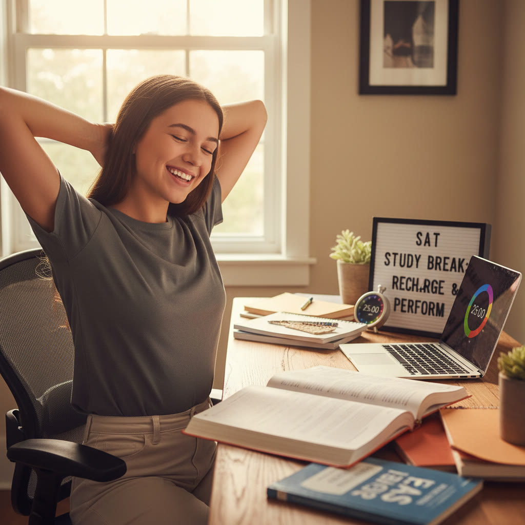 Student performing a quick stretch at a desk: seated thoracic extension and shoulder squeeze during a Pomodoro break — shows movement during study sessions.