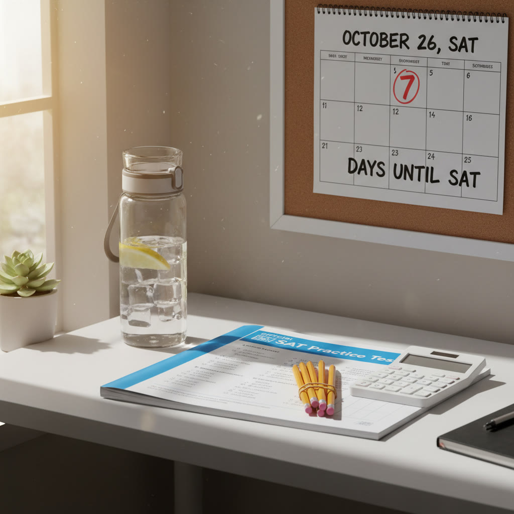 Photo idea: A quiet desk with an official SAT practice booklet, sharpened pencils, a calculator, water bottle, and a calendar showing 