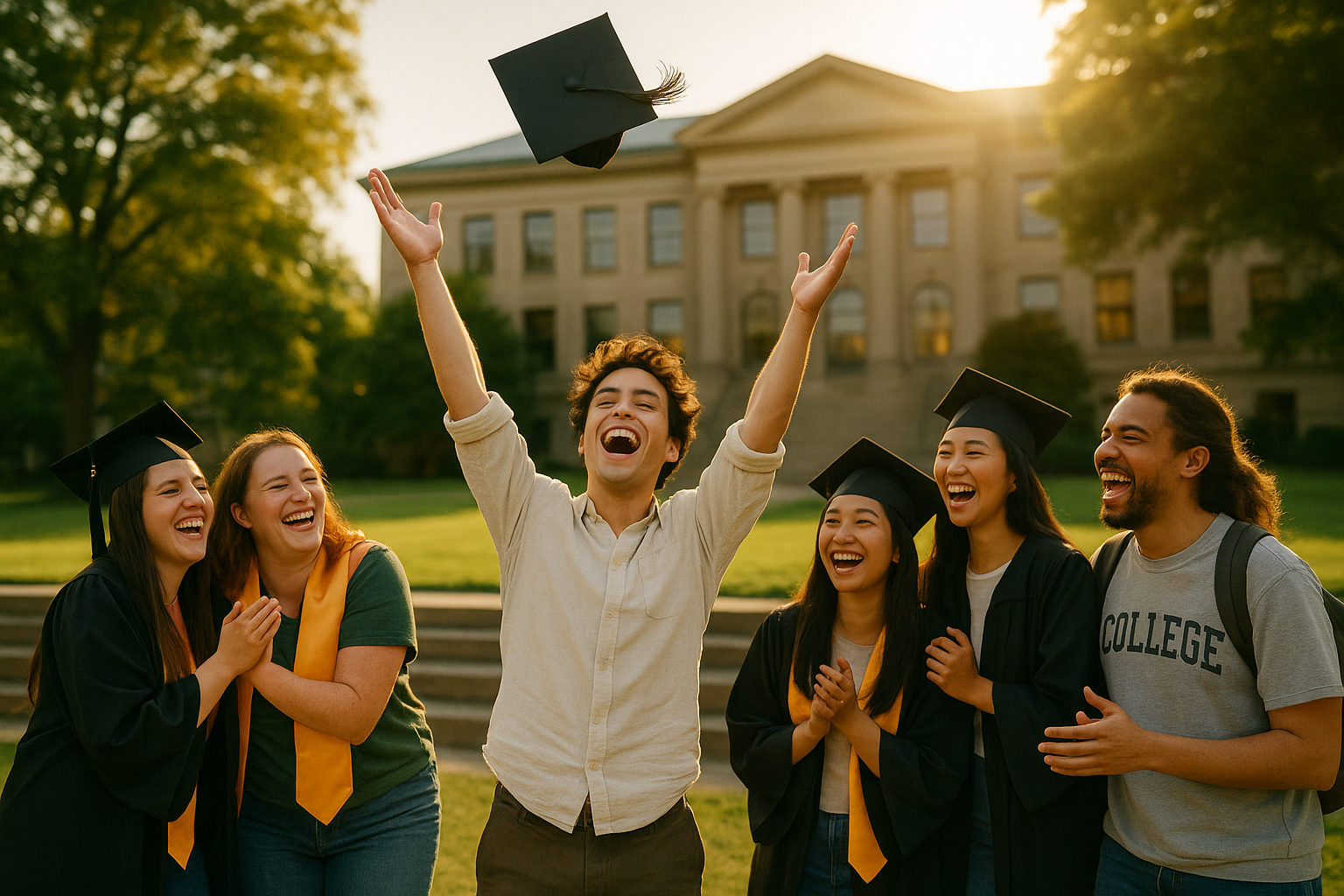 Photo Idea : A joyful student tossing a cap or celebrating with friends, symbolizing the broader college-planning journey beyond test scores.