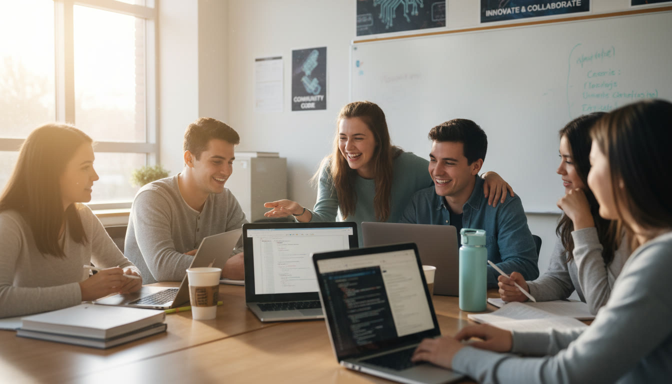 Photo Idea : A college classroom scene where first-year CS students collaborate around laptops; one student shows a short code snippet to another. Warm, candid moment illustrating community and the real benefits of being placed into the right course.