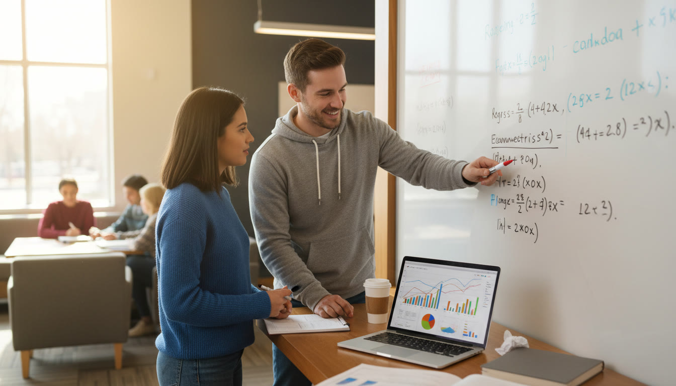 Photo Idea : A focused scene of a tutor and student working through an econometrics problem on a whiteboard, with laptop open to data visualizations—suggests the practical, hands-on help that boosts AP performance and early college success.