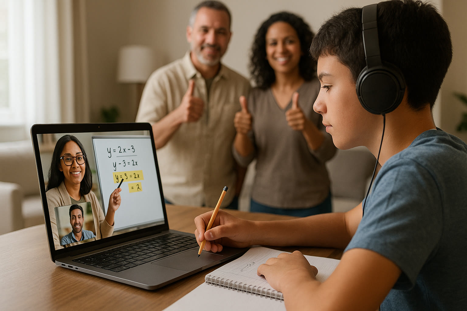 Photo Idea : A tutor on a laptop screen guiding a student through a digital math problem, with parents in the background giving a thumbs-up (out of direct involvement).