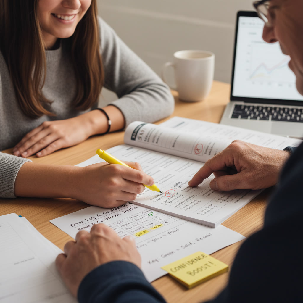Student reviewing practice test with a tutor, showing an error log and confidence tags on paper — close-up of hands and notes.