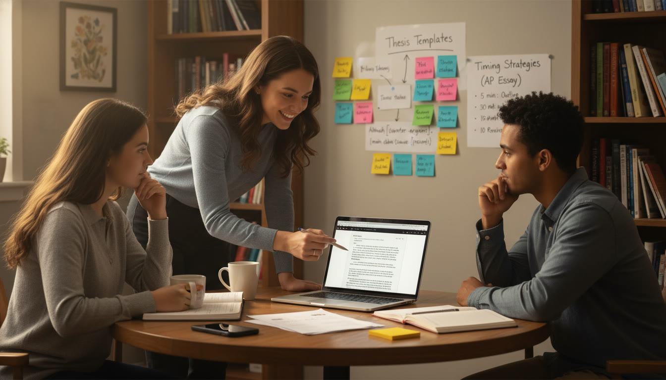 Photo Idea : A small group tutoring session with a tutor pointing at a student’s essay, sticky notes on the wall showing thesis templates and timing strategies—warm, collaborative, and focused.
