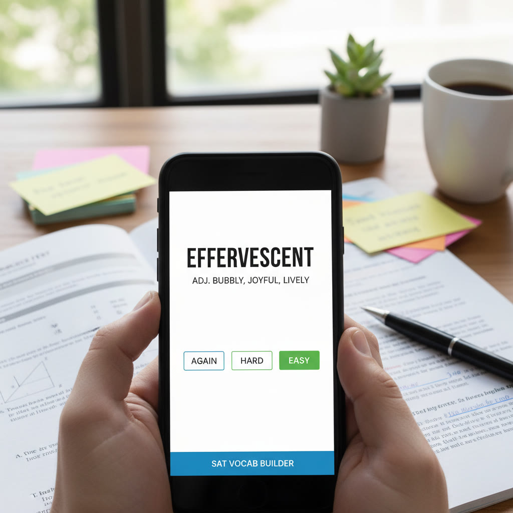 Close-up of a spaced-repetition flashcard on a phone screen showing a vocabulary word, with a pen and problem set in the background.
