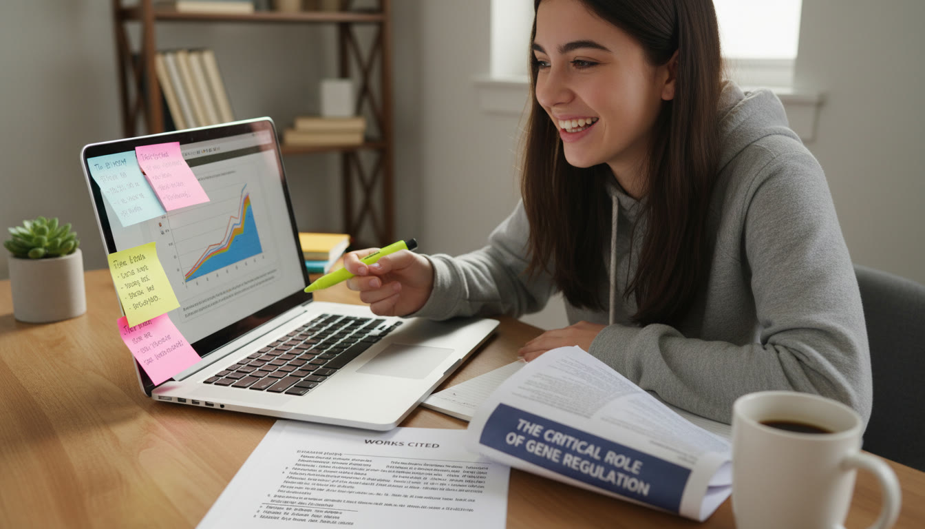 Photo Idea : A high school student at a desk with open laptop, sticky notes, a printed article, and a neat reference list visible — conveys organized research in progress.