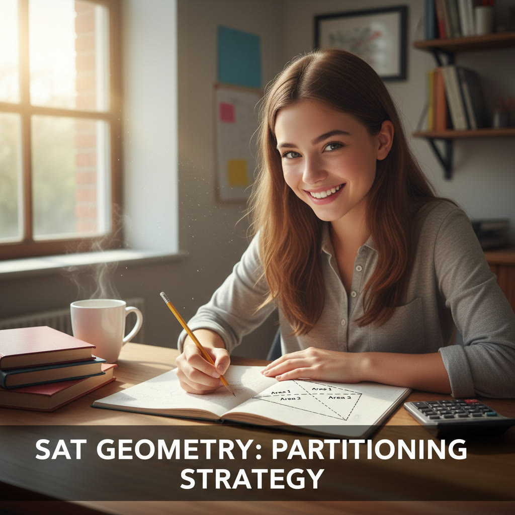 Student at a desk, sketching a geometry figure and labeling sub-triangles to show partitioning strategy.