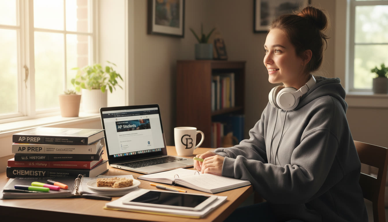 Photo Idea : A relaxed study scene — a student at a desk with AP prep books, notes, and a laptop open to the College Board site. Natural light, a coffee cup, and a headset to signal focused studying.