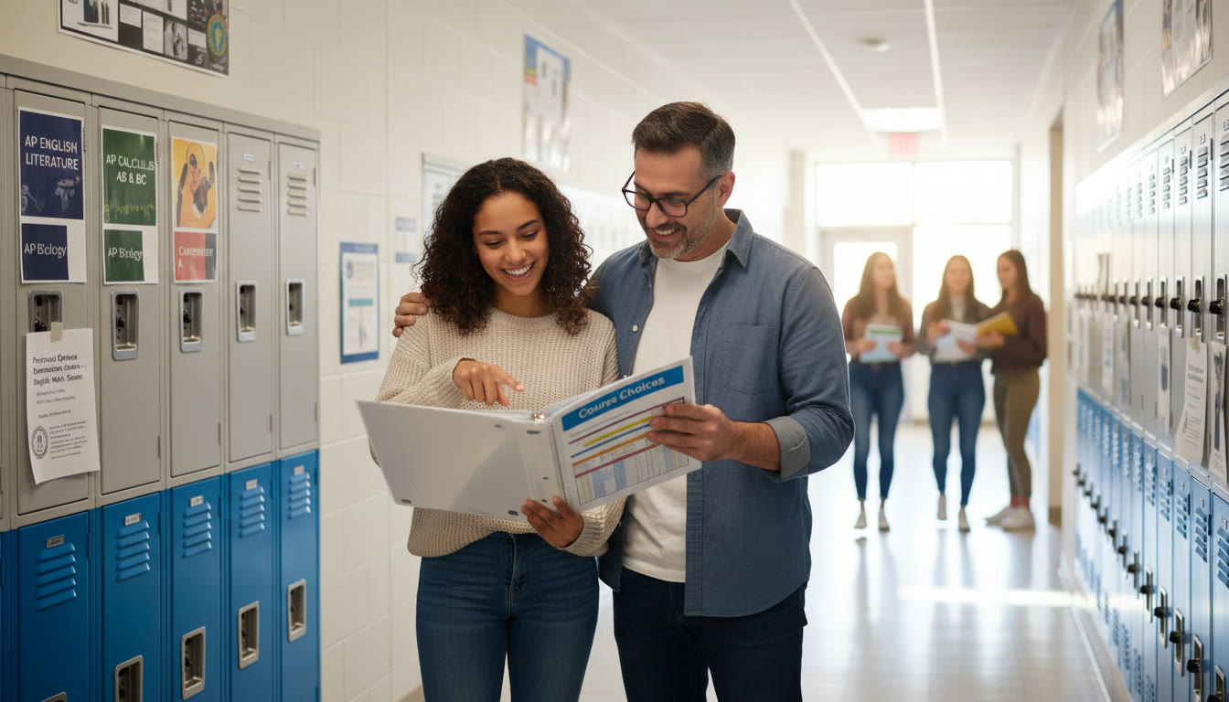 Photo Idea : A school hallway with lockers and posters for AP courses and provincial diploma exams; a student and parent looking at a binder labeled 