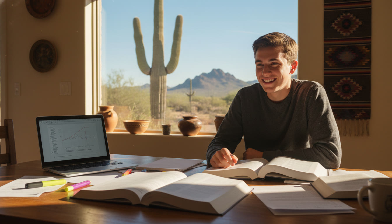 Photo Idea : A bright, natural photo of an Arizona high school student studying at a sunlit kitchen table with textbooks and a laptop, a saguaro or desert plant visible through the window—evokes focus and local setting.