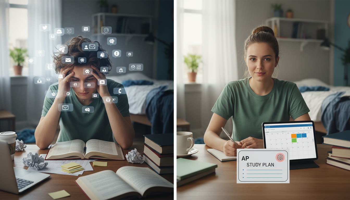Photo Idea : A split-frame image: left, a frustrated student surrounded by notifications and messy notes; right, the same student calm at a tidy desk with a visible anchor card and a focused posture. This visual appears after the student example to show transformation.