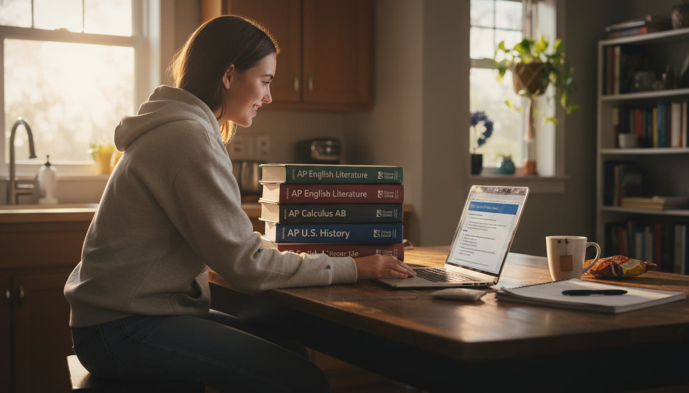Photo Idea : A high school student at a kitchen table late afternoon, balancing AP textbooks and a laptop with a digital SAT practice test on the screen warm lighting to convey a realistic, lived-in study scene.