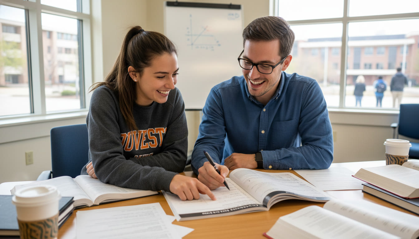Photo Idea : A student and tutor working together over a practice exam, pointing at a problem and smiling — conveys supportive, targeted 1-on-1 guidance.