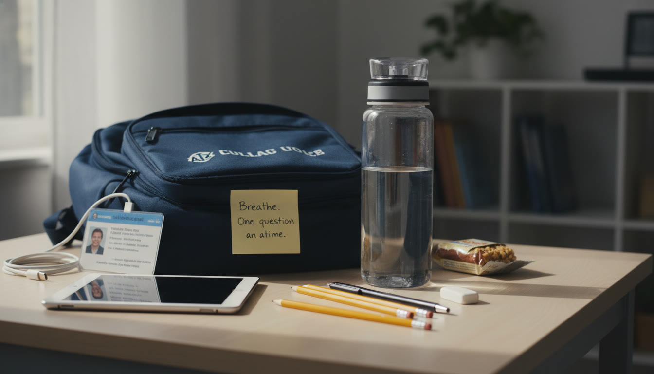 Photo Idea : A calm scene of an exam-ready backpack with essentials laid out (photo ID, water bottle, pencils, a charging cable for a digital exam device) and a sticky note that reads: “Breathe. One question at a time.”