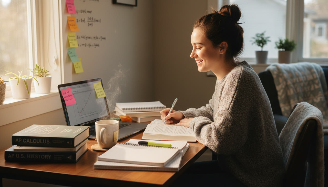 Photo Idea : A bright, candid photo of a high school student studying at a sunlit desk with AP textbooks, a laptop, sticky notes, and a calm cup of tea — conveys focused, steady work rather than frantic cramming.