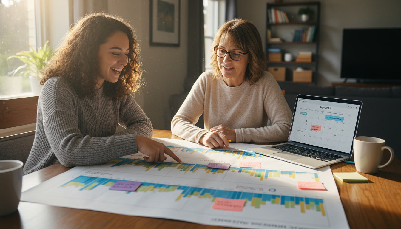 Photo Idea : Top-of-article visual showing a student and parent reviewing a colorful Gantt chart spread out on a dining table — natural light, sticky notes, and a laptop open to a calendar.