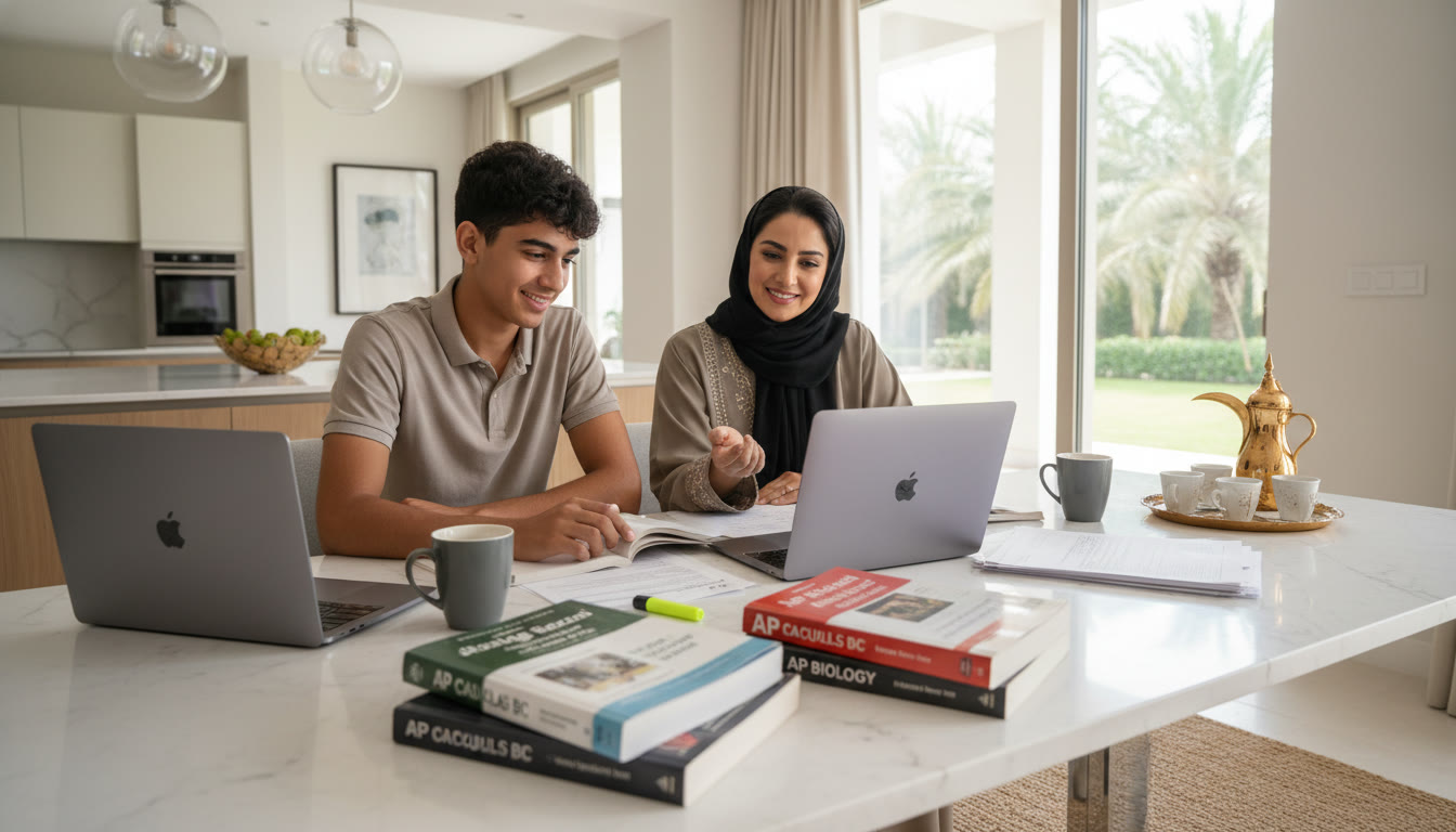 Photo Idea : A candid photo of a parent and teen at a kitchen table in a modern Gulf home, laptops open, AP review books spread out, showing focused collaboration and calm.
