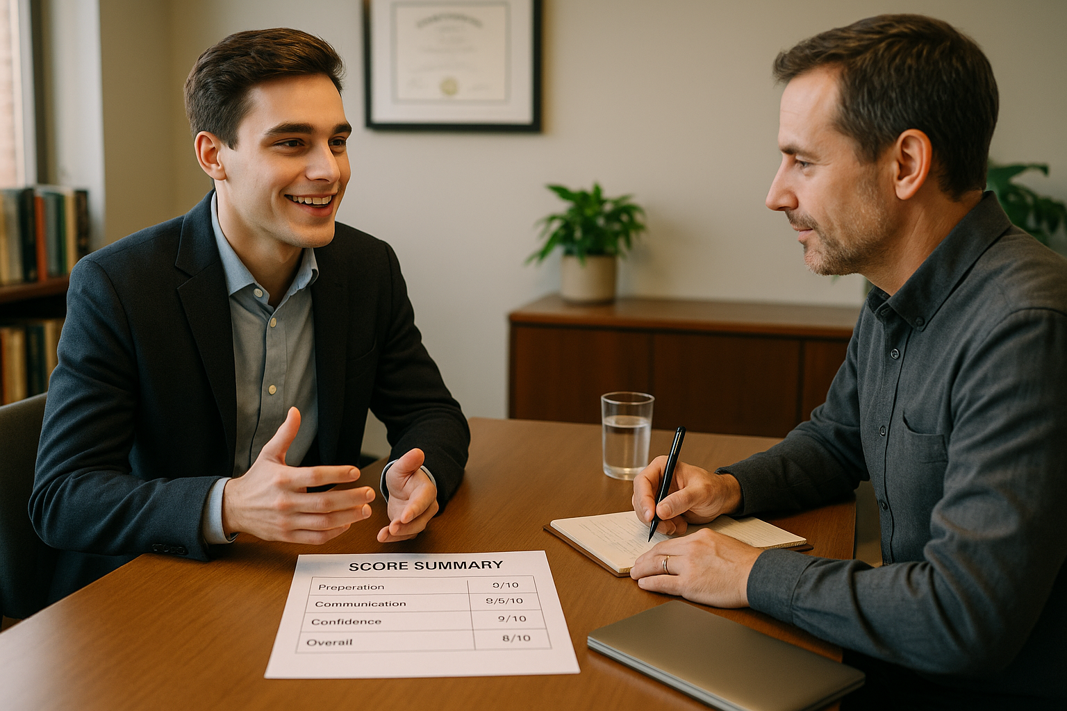 Photo Idea : A student confidently speaking in a mock college interview with a coach taking notes; a visible score summary lies on the table to show preparation and calmness.