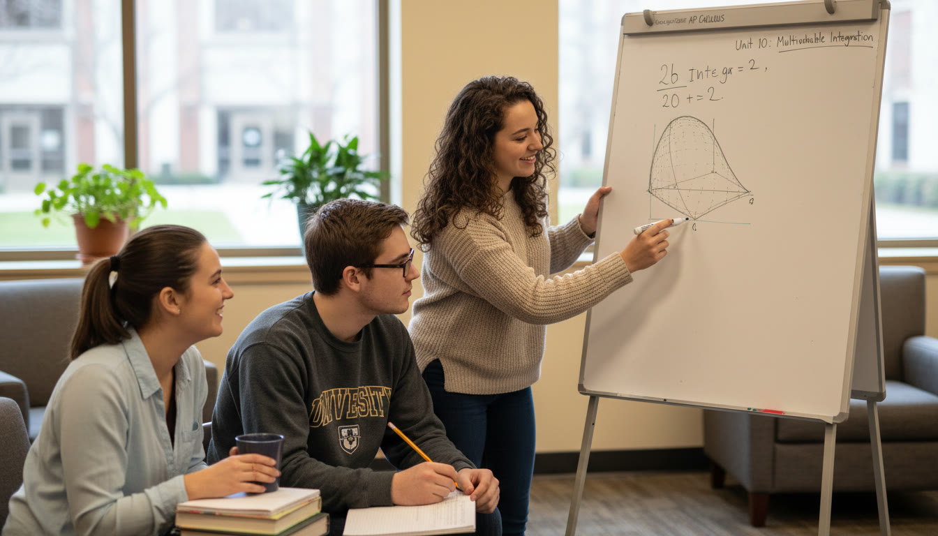 Photo Idea : A small group tutoring scene with a tutor guiding a student through a multivariable calculus sketch on a whiteboard; warm, collaborative atmosphere that emphasizes personalized instruction and focused problem solving.