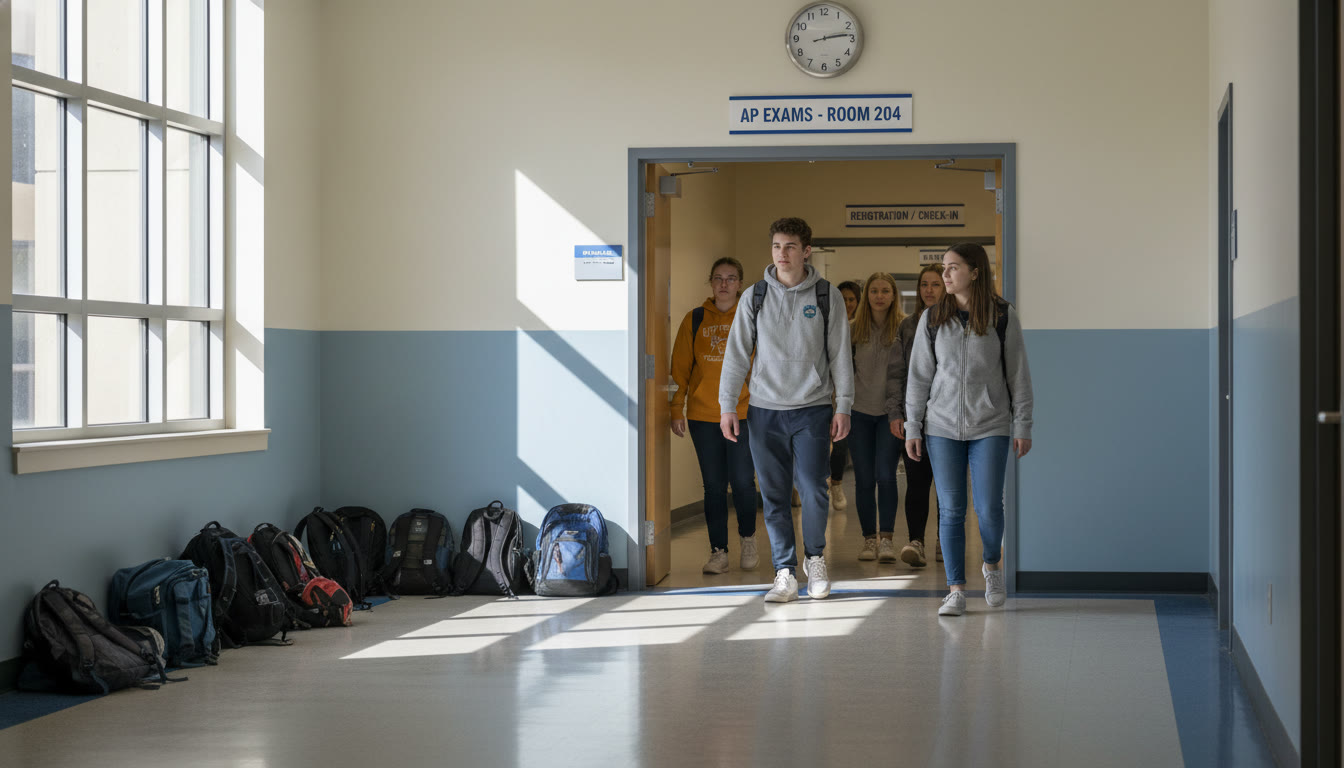 Photo Idea : A calm testing hallway scene—students walking into an exam room with clear signage for AP exams, backpacks set aside, and a clock showing morning time. This visual reinforces the practical logistics and calm arrival on exam day.