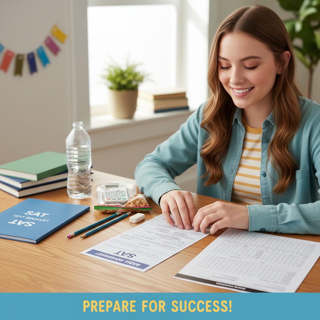 Student calmly arranging SAT materials on a table—admission ticket, pencils, calculator, water bottle