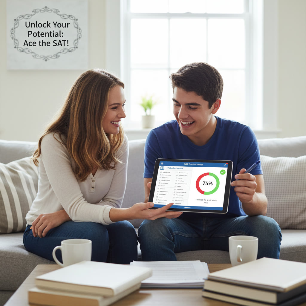 Photo Idea : A candid shot of a tutor and a student reviewing a digital practice SAT on a tablet, with a visible progress chart on the screen.
