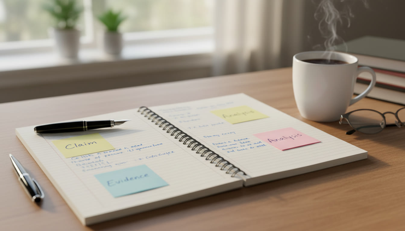 Photo Idea : A warm, inviting photo of an open notebook on a desk with a pen, sticky notes labeled