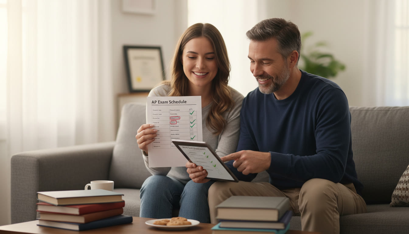 Photo Idea : A calm after-exam scene: a student and parent smiling while reviewing a completed checklist and a printed AP exam schedule, signifying relief and successful coordination.