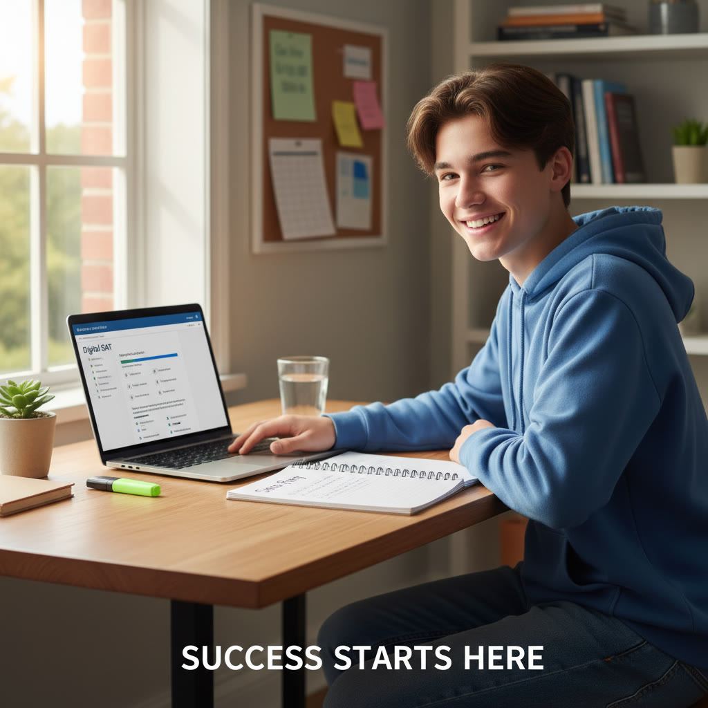 Photo Idea : A smiling high school student sitting at a tidy desk with a laptop open to a Digital SAT practice screen and a notebook beside them, sunlight streaming in—captures calm, focused preparation.