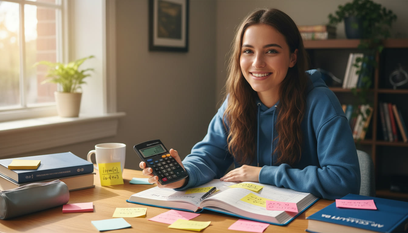 Photo Idea : A focused student at a desk with a calculator, a bluebook, and sticky notes showing equations — warm natural light to convey earnest study in progress.