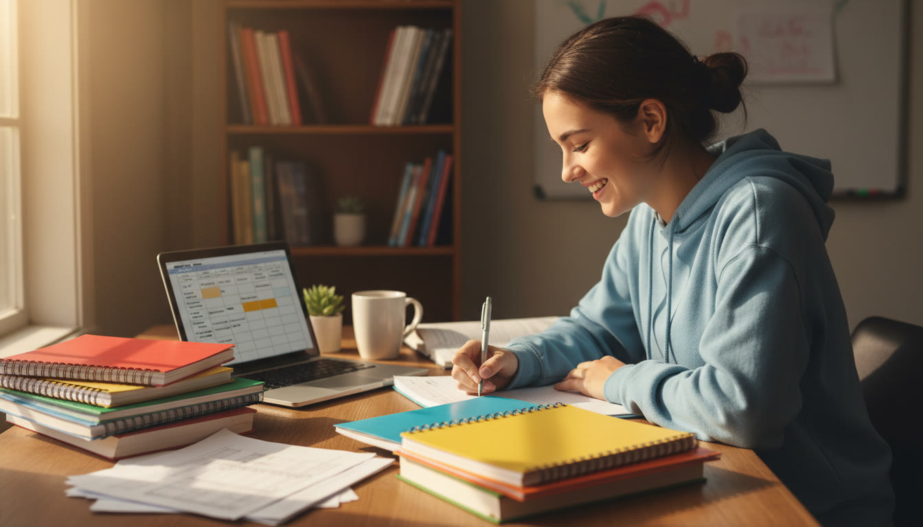 Photo Idea : A high school student at a cluttered desk with color-coded notebooks and a laptop open to a study schedule; morning light streaming in. This image should appear near the top of the article, conveying organization and calm focus.