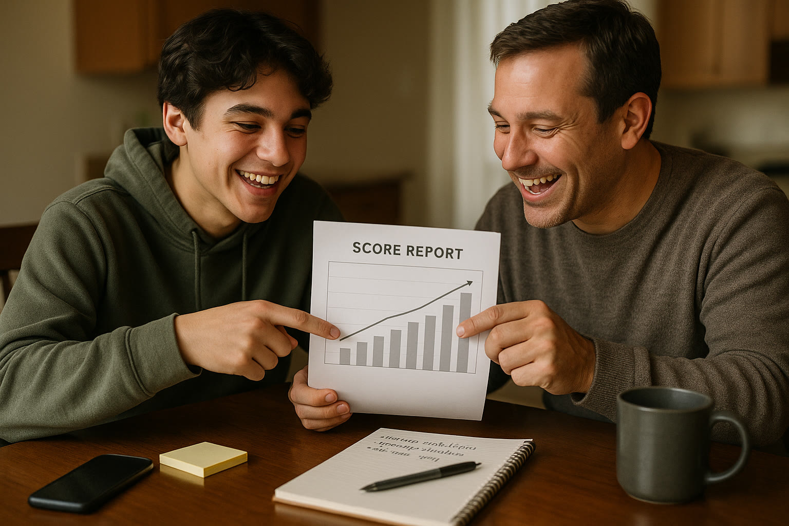 Photo Idea : A joyful moment: student and parent looking at a printed score report together, pointing to improvements on a graph, with celebratory but realistic expressions—planning next steps on a notepad nearby.