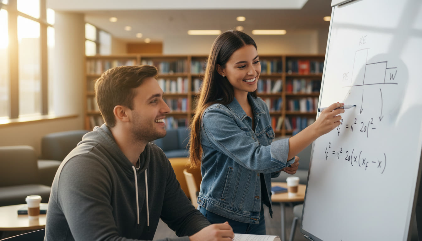 Photo Idea : Action shot of a tutor and student at a whiteboard, tutor pointing to an energy bar diagram and a velocity equation — warm, collaborative vibe to suggest 1-on-1 guidance.