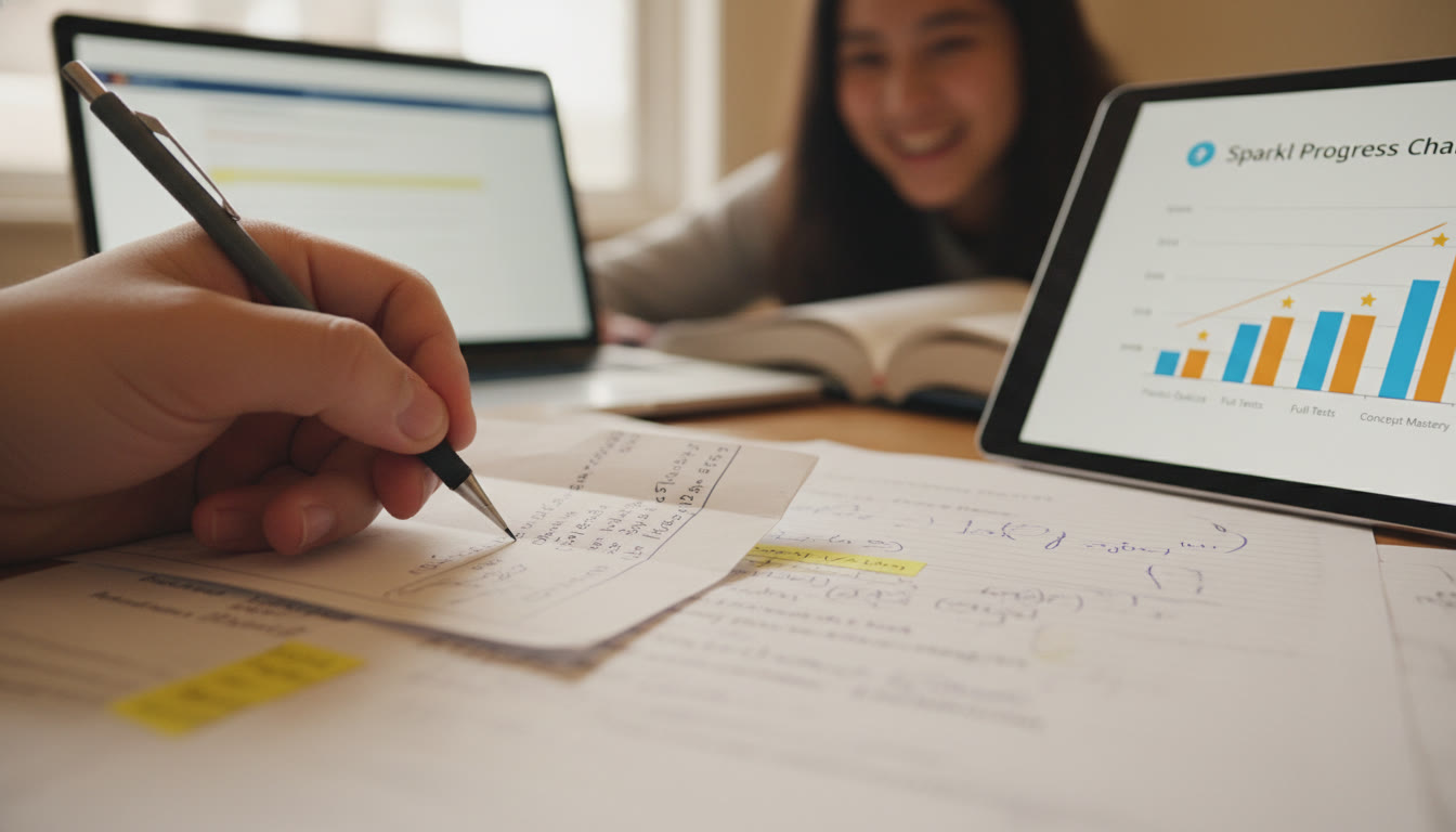 Photo Idea : Close-up of a student’s hand writing a tiny worked example on a reference sheet, with a soft-focus background of practice test pages and a Sparkl tutoring tablet screen showing a progress chart. This image should appear near the end of the article to emphasize iteration and guided practice.
