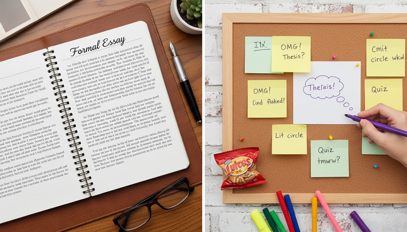 Photo Idea : A split-page flat lay — left side shows a neat notebook labeled “Formal Essay” with typed paragraphs and a fountain pen; right side shows a casual sticky-note board with colorful markers and conversational samples. This visual reinforces the formal vs informal contrast.