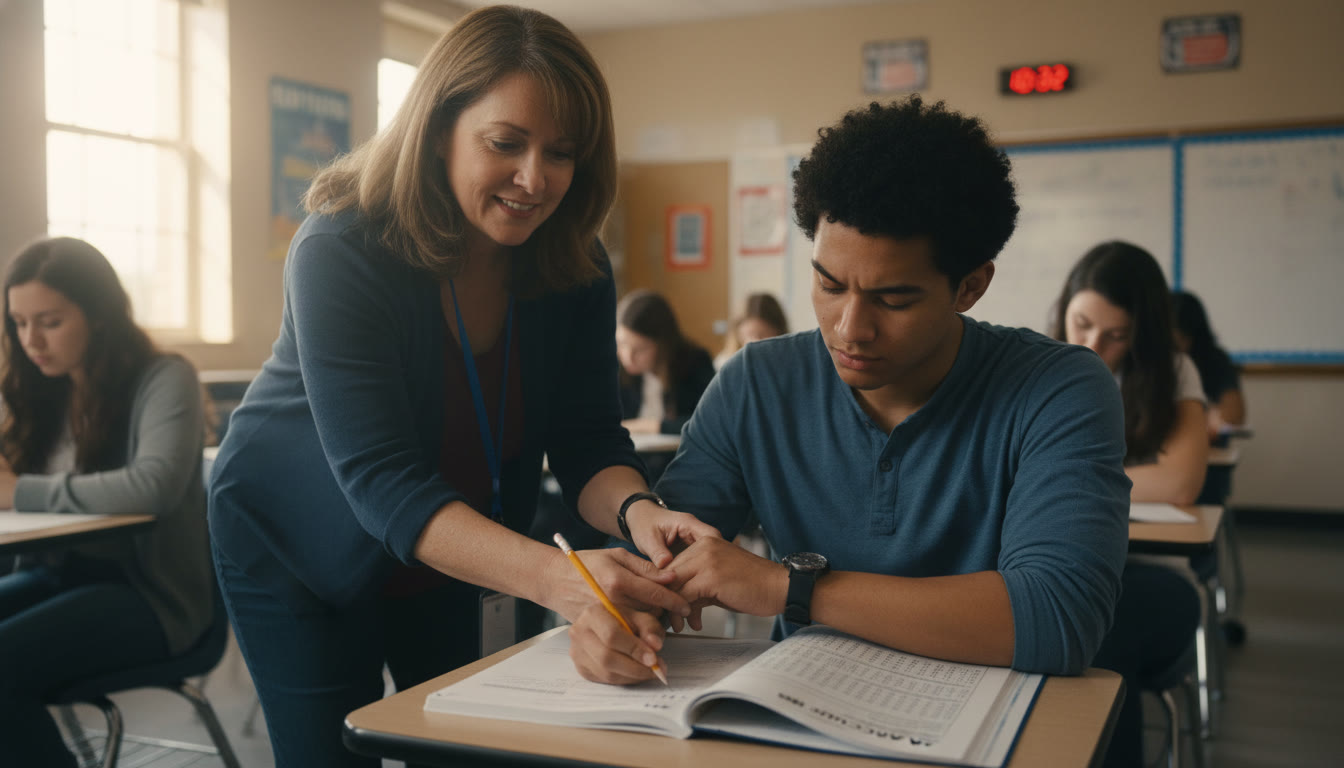 Photo Idea : A calm high-school testing room with a proctor gently checking a student’s wristwatch as the student focuses on a paper exam. Natural light, candid feel, conveys seriousness without alarm.