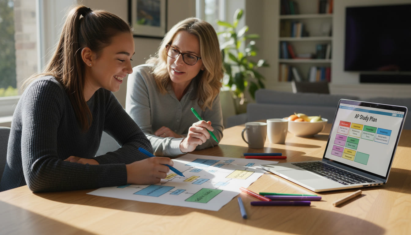 Photo Idea : A sunlit dining table with a high schooler and parent bent over a one-page flowchart, colored pens, and a laptop open to a study plan. The mood is collaborative and calm.